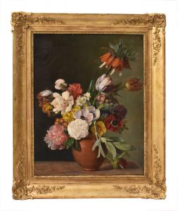 DIPINTI ANTICHI DI FIORI, NATURE MORTE CON PEONIE E ROSE, OLIO SU CARTA, XIX SECOLO. (QF720)